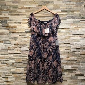 Cooper St 14 Off-Shoulder Midi Dress | Snakeskin Print, Ruffle, NWT $190